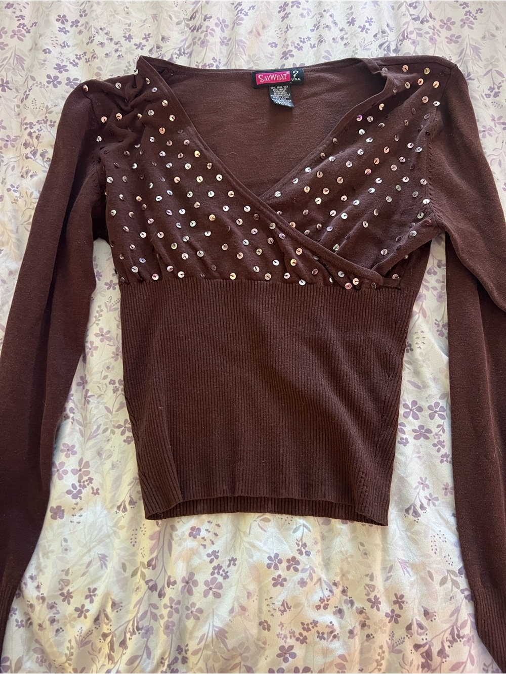 Say What? Brown V‑Neck Top with Pink Label